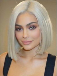 Blonde Short Straight Bob Style Lace Front Synthetic Wig With Side Bangs 10 Inches