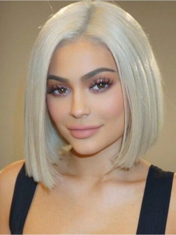 Blonde Short Straight Bob Style Lace Front Synthetic Wig With Side Bangs 10 Inches