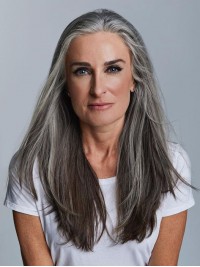 Long Straight Grey Synthetic Lace Front Wig Without Bangs 18 Inches