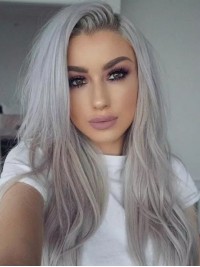 Long Straight Capless Synthetic White Grey Wig With Free Part 16 Inches