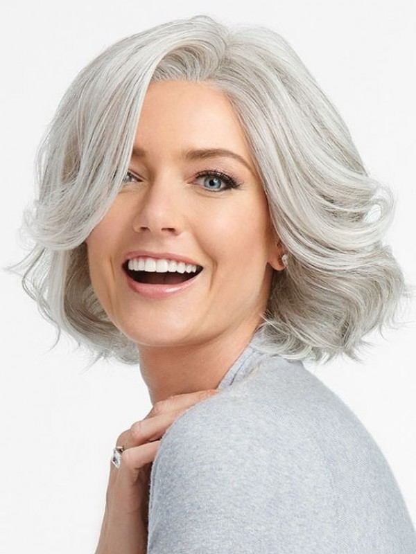 Grey Short Wavy Capless Synthetic Wig With Side Bangs 12 Inches