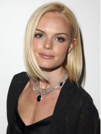 Blonde Short Straight Bob Style Lace Front Wig With Side Bangs 12 Inches