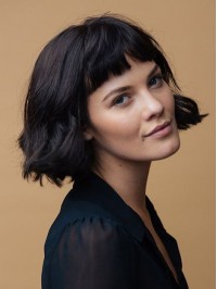 Bob Style Short Wavy Capless Human Hair Wigs With Bangs 10 Inches