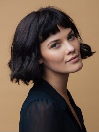 Bob Style Short Wavy Capless Human Hair Wigs With Bangs 10 Inches