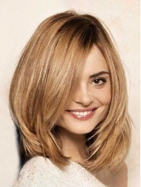 Layered Blonde Short Straight Capless Human Hair Wigs With Side Bangs 12 Inches