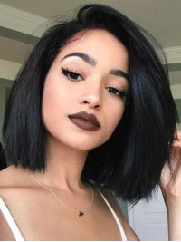 Bob Style Short Straight Lace Front Human Hair Wigs With Side Bangs 10 Inches