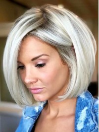 Grey Bob Style Short Straight Capless Human Hair Wigs With Side Bangs 12 Inches