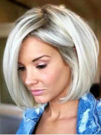 Grey Bob Style Short Straight Capless Human Hair Wigs With Side Bangs 12 Inches
