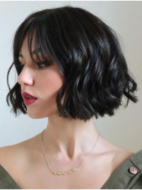 Black Bob Style Short Wavy Capless Human Hair Wigs With Bangs 10 Inches