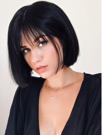Bob Style Black Short Straight Lace Front Human Hair Wigs With Bangs 10 Inches