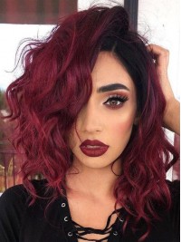 Ombre Medium Wavy Capless Human Hair Wigs With Side Bangs 14 Inches