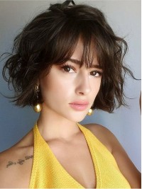 Bob Style Short Wavy Capless Human Hair Wigs With Bangs 10 Inches