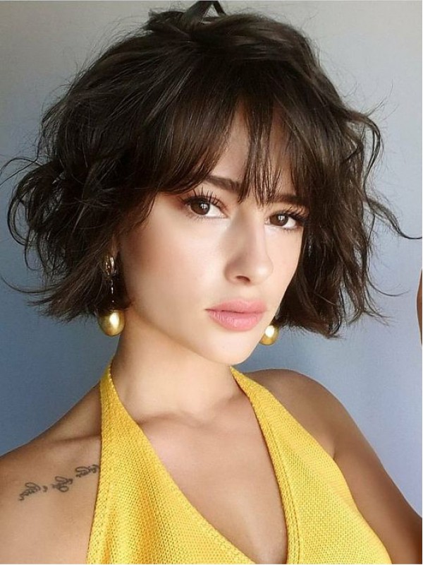 Bob Style Short Wavy Capless Human Hair Wigs With Bangs 10 Inches
