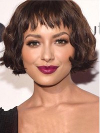 Bob Style Short Wavy Capless Human Hair Wigs With Bangs 8 Inches