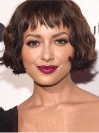 Bob Style Short Wavy Capless Human Hair Wigs With Bangs 8 Inches