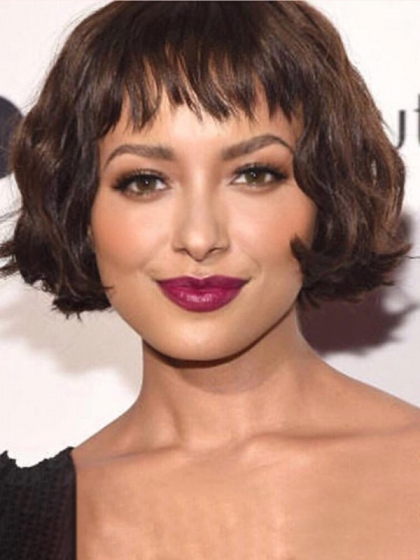 Bob Style Short Wavy Capless Human Hair Wigs With Bangs 8 Inches