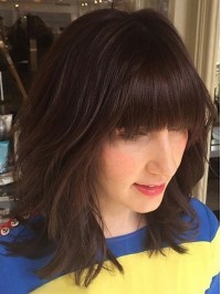 Medium Brown Capless Wavy Human Hair Wigs With Bangs 14 Inches