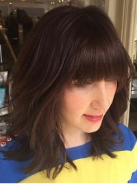 Medium Brown Capless Wavy Human Hair Wigs With Bangs 14 Inches