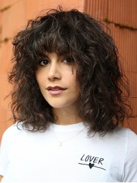 Curly Medium Capless Human Hair Wigs With Bangs 14 Inches