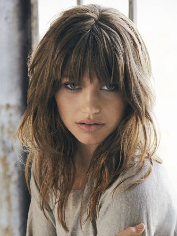 Layered Wavy Long Capless Human Hair Wigs With Bangs 16 Inches