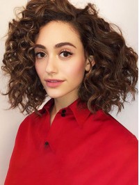 Medium Curly Capless Human Hair Wigs With Side Bangs 14 Inches