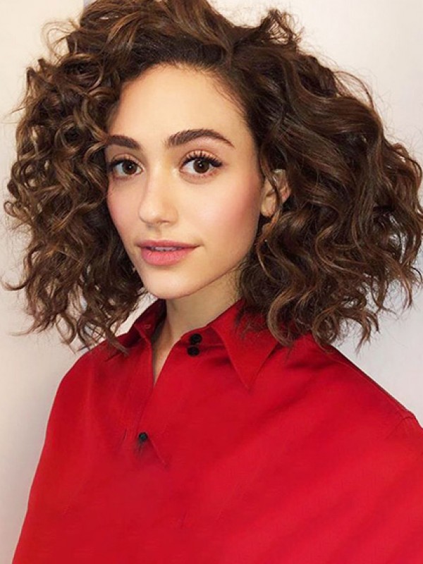 Medium Curly Capless Human Hair Wigs With Side Bangs 14 Inches