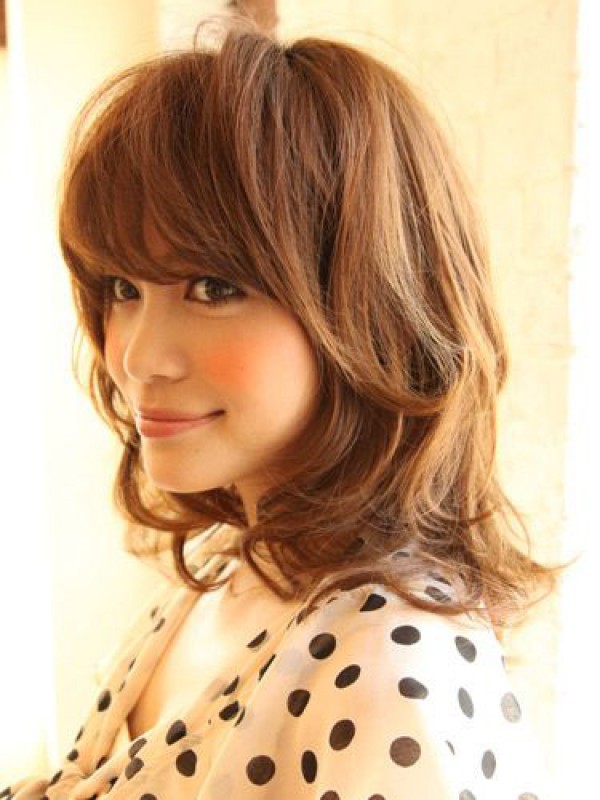 Layered Medium Wavy Capless Human Hair Wigs With Bangs 14 Inches