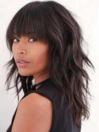 Layered Long Wavy Capless Human Hair Wigs With Bangs 16 Inches
