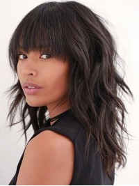 Layered Long Wavy Capless Human Hair Wigs With Bangs 16 Inches