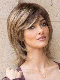 Layered Medium Blonde Straight Capless Human Hair Wigs With Bangs 14 Inches