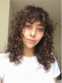 Long Curly Capless Human Hair Wigs With Bangs 16 Inches