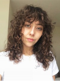 Long Curly Capless Human Hair Wigs With Bangs 16 Inches