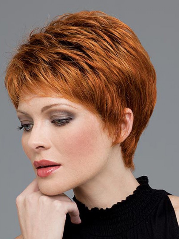 Auburn Wavy Short Boy Cut Human Hair Capless Wigs With Bangs 4 Inches