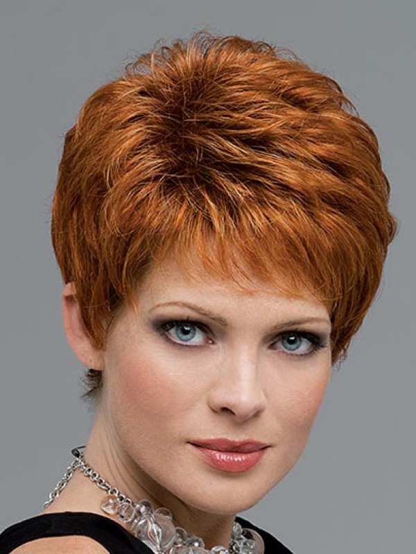 Auburn Wavy Short Boy Cut Human Hair Capless Wigs With Bangs 4 Inches