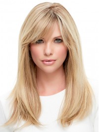 Long Straight Blonde Lace Front Human Hair Wigs With Bangs 18 Inches