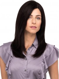 Black Full Lace Straight Long Human Hair Wigs With Side Bangs 16 Inches