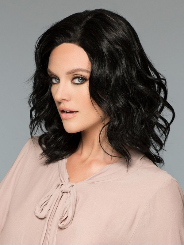 Layered Black Wavy Medium Full Lace Human Hair Wigs With Side Bangs 14 Inches