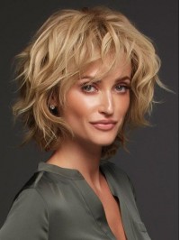Layered Blonde Short Curly Full Lace Human Hair Wigs With Bangs 12 Inches