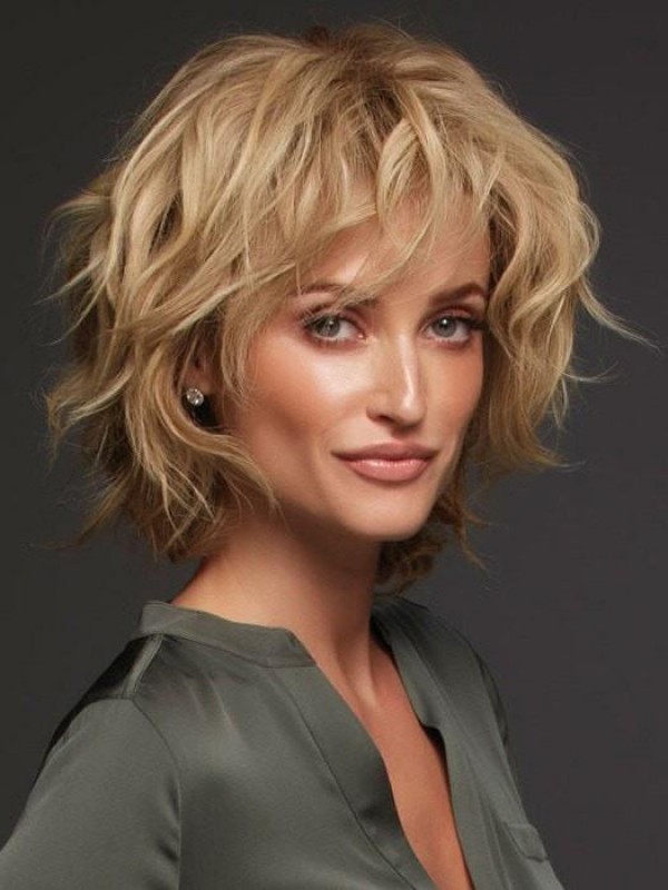 Layered Blonde Short Curly Full Lace Human Hair Wigs With Bangs 12 Inches