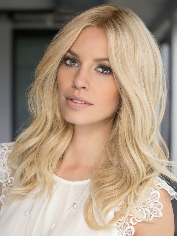 Central Parting Long Wavy Blonde Monofilament Human Hair Wigs 18 Inches