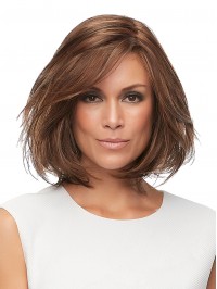 Lace Front Brown Bob Style Short Straight Human Hair Wigs With Side Bangs 12 Inches