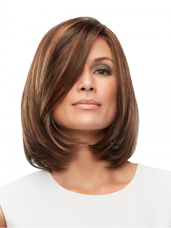 Lace Front Brown Bob Style Short Straight Human Hair Wigs With Side Bangs 12 Inches