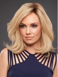 Medium Wavy Lace Front Blonde Human Hair Wigs With Side Bangs 14 Inches