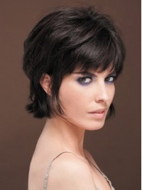 Layered Black Straight Short Capless Human Hair Wigs With Bangs 8 Inches