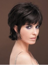 Layered Black Straight Short Capless Human Hair Wigs With Bangs 8 Inches
