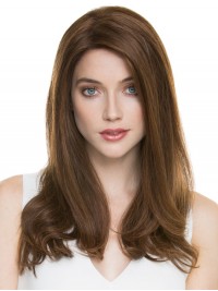 Long Straight Brown Lace Front Human Hair Wigs With Side Bangs 20 Inches