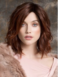 Monofilament Medium Wavy Auburn Human Hair Wigs With Side Bangs 12 Inches