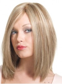 Mid-Length Monofilament Blonde Straight Remy Human Wigs With Side Bangs 14 Inches