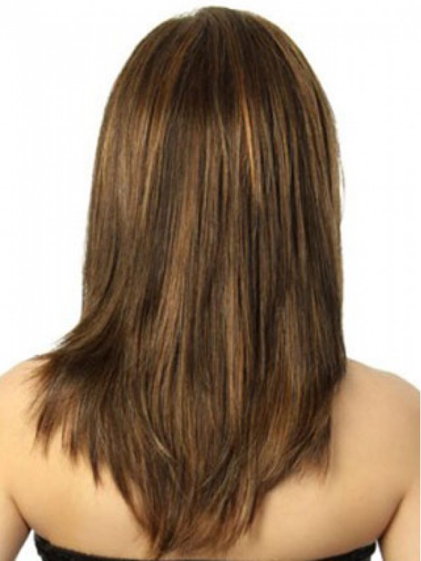 Long Brown Straight Medium Capless Remy Human Wigs With Bangs 16 Inches
