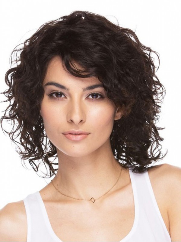 Brown Curly Medium Capless Human Hair Wigs 14 Inches